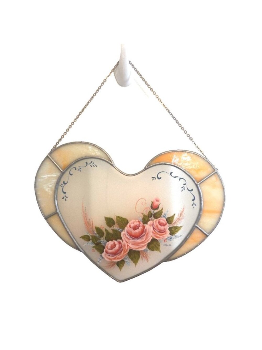 Stained Glass Heart Sun Catcher Hand Painted Pink Roses 1988 Vtg